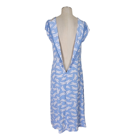 Loft Midi Dress Size 8 Blue Dragonflies Cap Sleeve 12 Inch Slit Back Zip Viscose - Picture 4 of 11